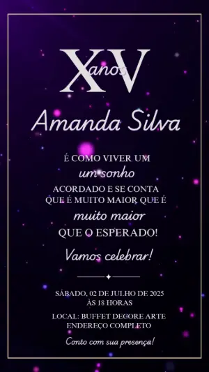 Convite Animado 15 Anos Galáxia Roxo para Editar Online