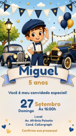 Convite Aniversário Carros Antigos Editável para Menino