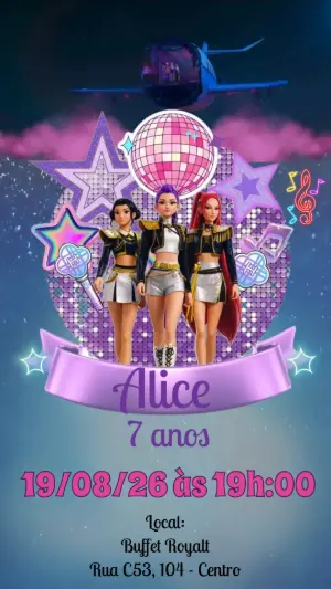 Convite Animado de Aniversário Guerreiras do K-Pop para Editar