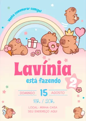 Convite de Aniversário Capivara Fofa com Arco-Íris para Editar
