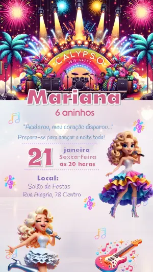 Convite de Aniversário tema Show Musical Calypso Editável