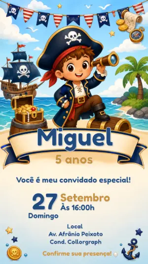 Convite de Aniversário Pirata Editável para Menino