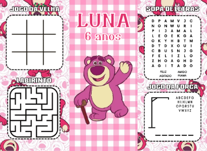 Lembrancinha de Aniversário Lotso Rosa Joguinhos Editável