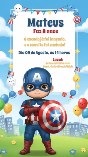 Convite Aniversário Capitão América Fofo para Editar Online