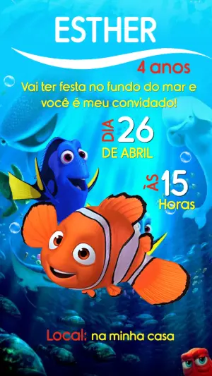 Convite de Aniversário Fundo do Mar Nemo e Dory Editável