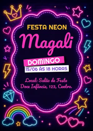 Convite de Aniversário Festa Neon Editável e Colorido