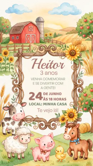 Convite de Aniversário Fazendinha Aquarela para Editar