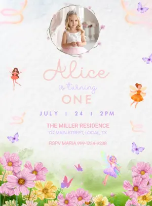 Editable Fairy Garden 1st Birthday Invitation with Photo