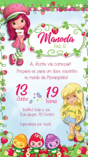 Convite de Aniversário Moranguinho Rosa e Verde para Editar