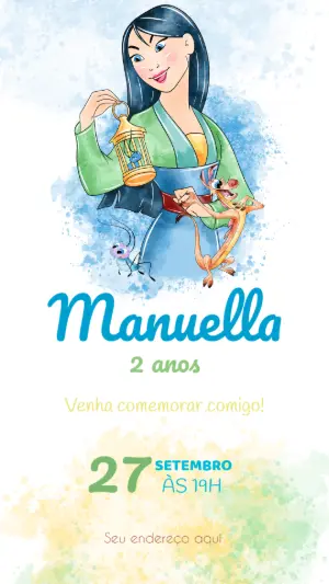 Convite Aniversário Mulan com Personagens para Editar Online