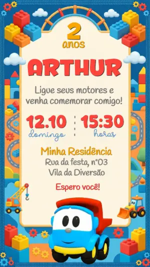 Convite de Aniversário Léo o Caminhão Colorido Editável