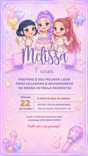 Convite de Aniversário Guerreiras do Kpop para Editar