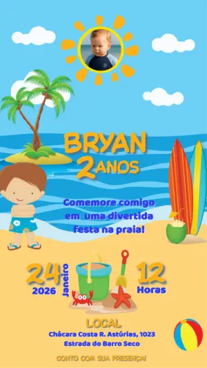 Convite de Aniversário Praia Infantil com Foto para Editar