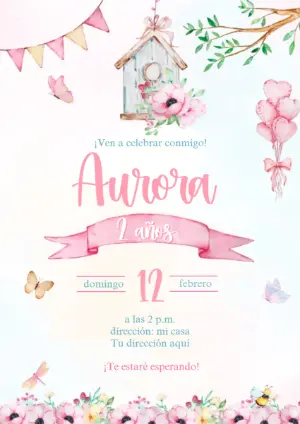 Invitación de Cumpleaños Niña Pajaritos y Flores Acuarela Editable