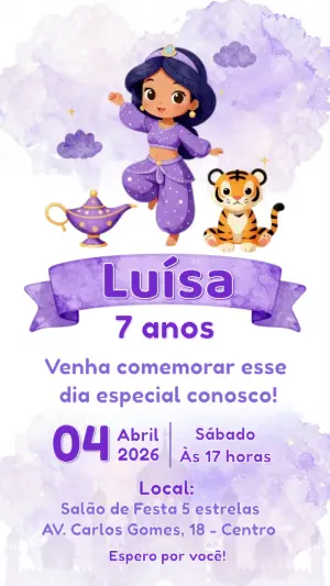Convite de Aniversário Princesa Árabe Lilás Editável