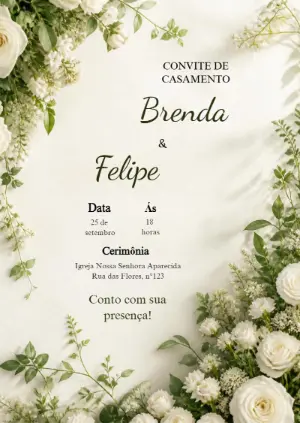 Convite de Casamento Elegante com Rosas Brancas Editável