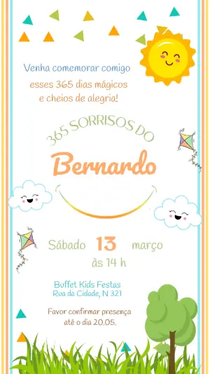 Convite de Aniversário Sol e Pipa Colorido para Editar