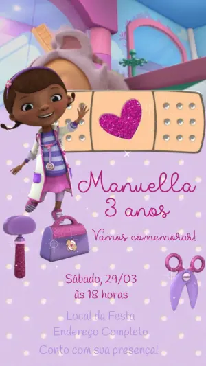 Convite Animado Aniversário Doutora Brinquedos para Editar Online
