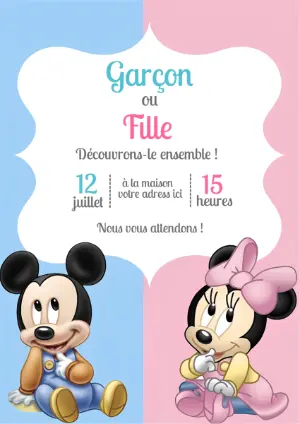 Invitation Révélation Genre Bébé Mickey et Minnie à Modifier