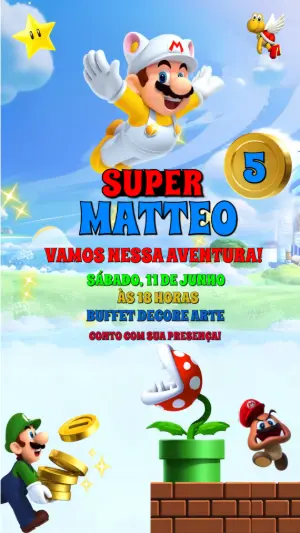 Convite Animado Super Mario para Aniversário Infantil Editável