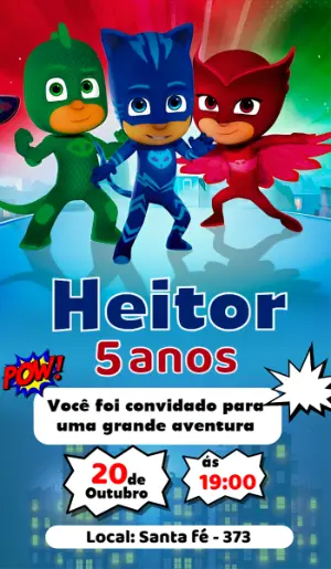 Convite Digital Infantil PJ Masks Colorido e Editável