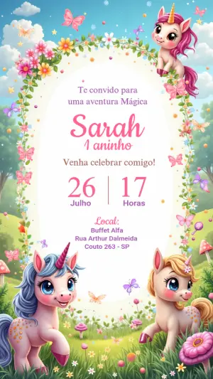 Convite de Aniversário Unicórnio Mágico para Editar Online