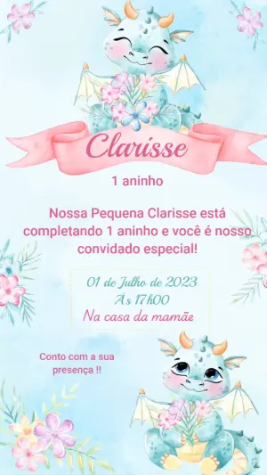Convite Animado Aniversário Dragão Fofo Aquarela para Editar