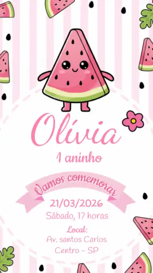 Convite Digital Aniversário Infantil Tema Melancia para Editar
