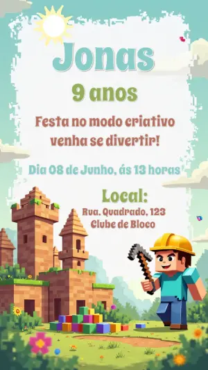 Convite de Aniversário Minecraft com Blocos para Editar Online
