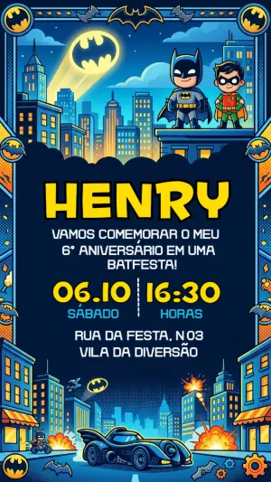 Convite de Aniversário Batman e Robin Editável para Festa