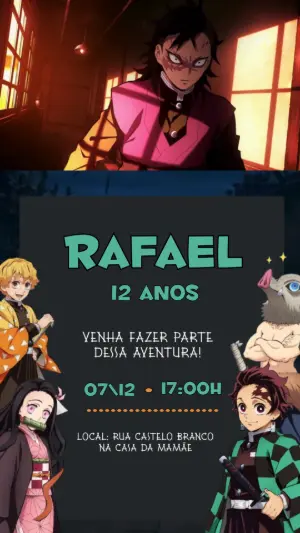 Convite Animado Aniversário Demon Slayer para Editar Online