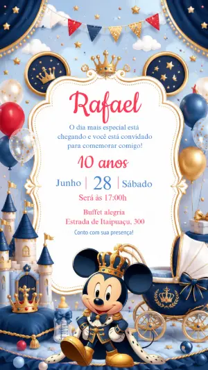 Convite Aniversário Mickey Realeza Azul e Dourado Editável