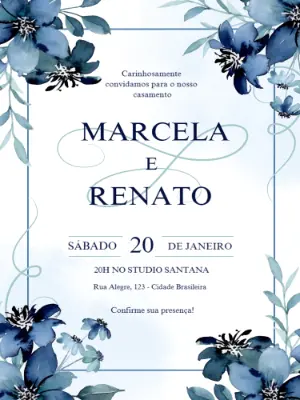 Convite de Casamento Floral Azul para Editar Online