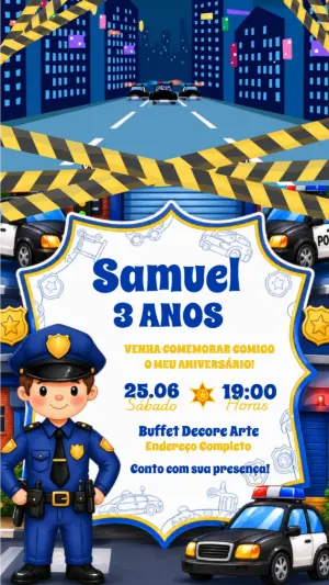 Convite Animado Aniversário Policial Infantil para Editar
