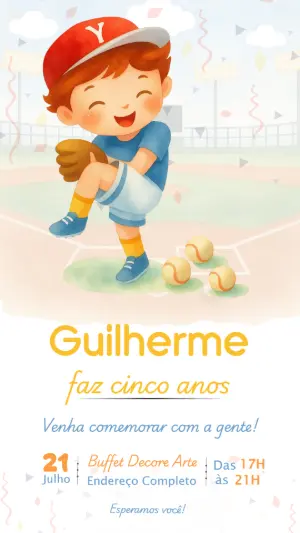 Convite de Aniversário Infantil Baseball Aquarela Editável