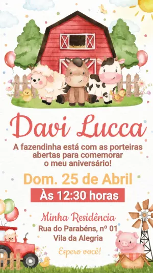 Convite de Aniversário Fazendinha Aquarela para Editar
