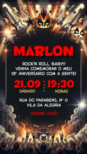 Convite de Aniversário Rock 'n' Roll Kiss para Editar