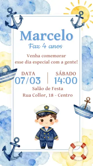 Convite de Aniversário Infantil Marinheiro Aquarela para Editar