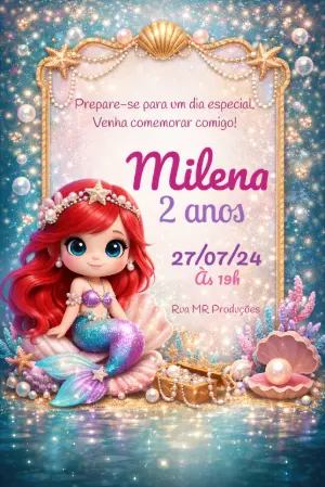 Convite Digital Editável Aniversário Tema Pequena Sereia