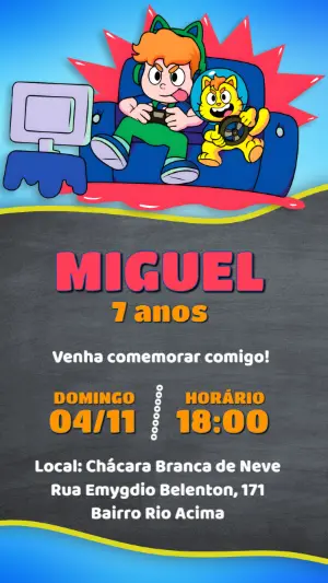 Convite Aniversário Gato Galáctico Gamer para Editar Online