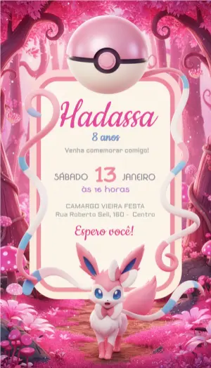 Convite de Aniversário Sylveon Pokémon Rosa | Modelo Editável