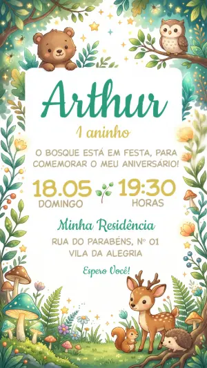Convite de Aniversário Bosque Encantado Menino Editável