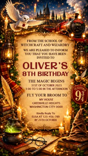 Magical Wizard Harry Potter Birthday Invitation | Editable Template