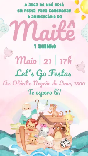 Convite Arca de Noé Rosa para Aniversário Infantil Editável
