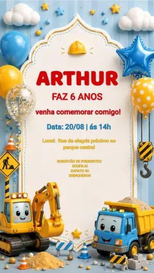 Convite de Aniversário Construção Editável para Menino