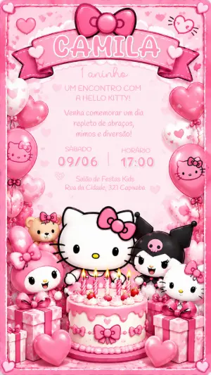 Convite de Aniversário Hello Kitty Rosa para Editar