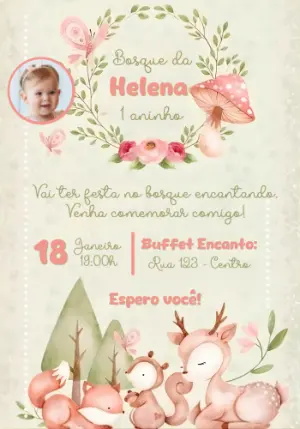 Convite Aniversário Infantil Bosque Encantado Aquarela Editável