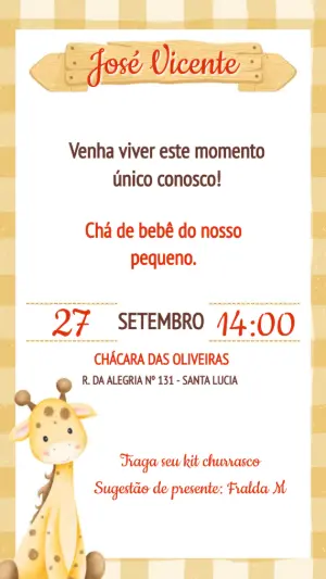 Convite Chá de Bebê Girafa Xadrez Editável Online
