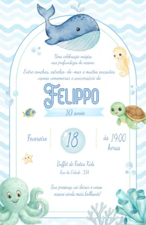 Convite de Aniversário Fundo do Mar Aquarela Editável