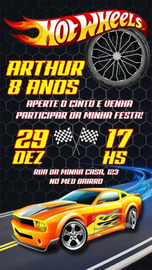 Convite de Aniversário Hot Wheels com Carros para Editar Online